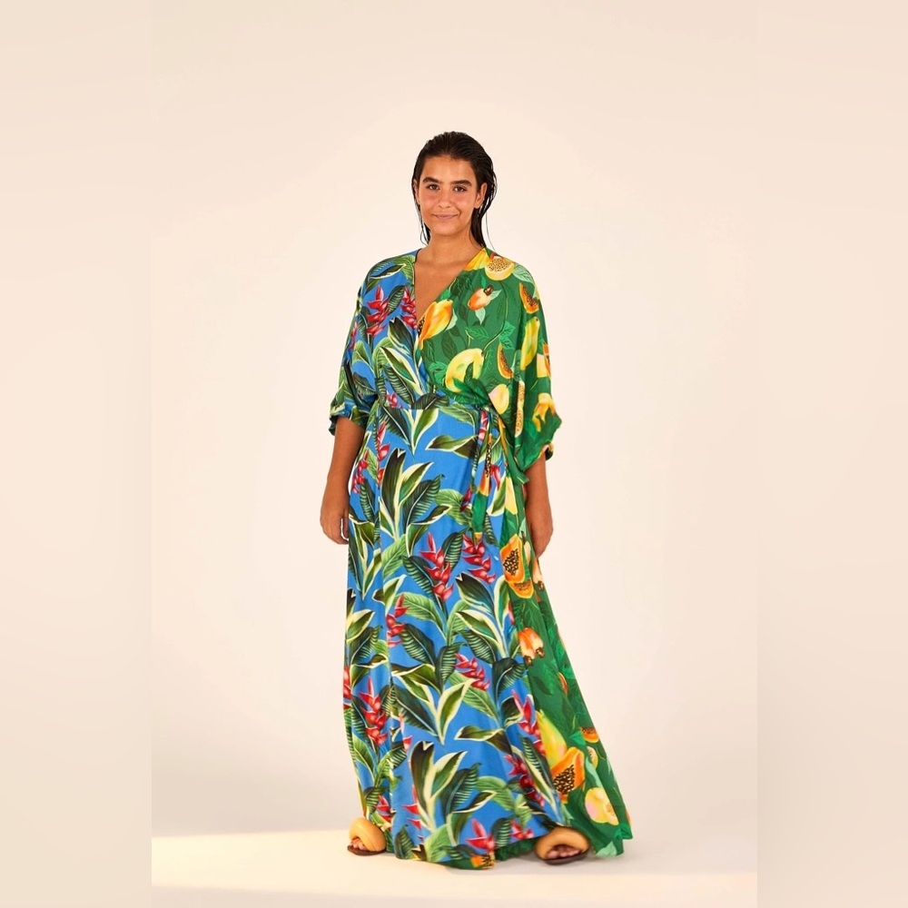 Farm Rio Dual Prints Papaya Dream Maxi Wrap Dress In Green Multi Size Large.